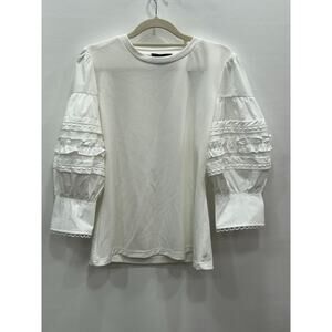 Women's White Puff Sleeve Lace Trim Blouse